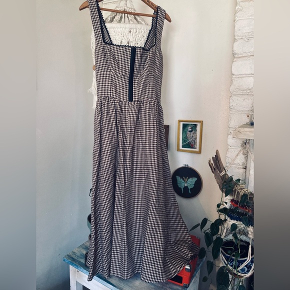 Reformation Tagliatelle 100% Linen sleeveless Dress Tartine brown check size 8 - Picture 5 of 9